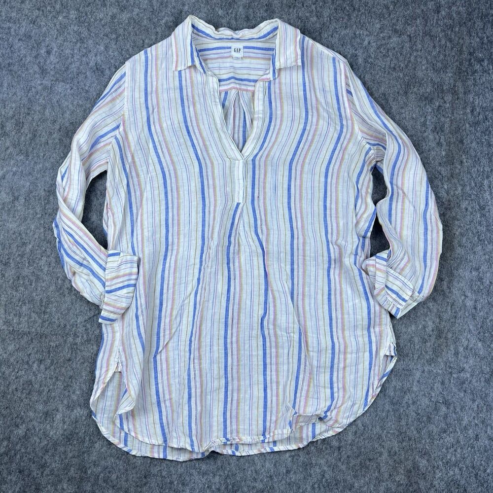 GAP Women's Henley Tunic Shirt Blue White Pastel Striped 100% Linen Size Medium